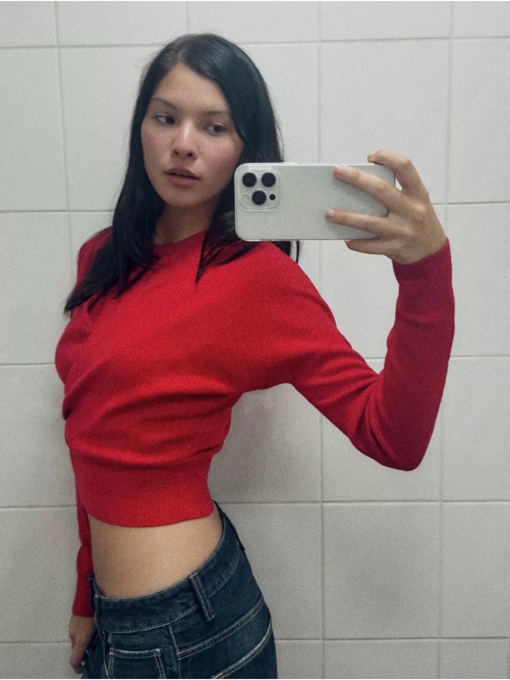 Zara Red Cropped Crewneck Sweater - Women's Top